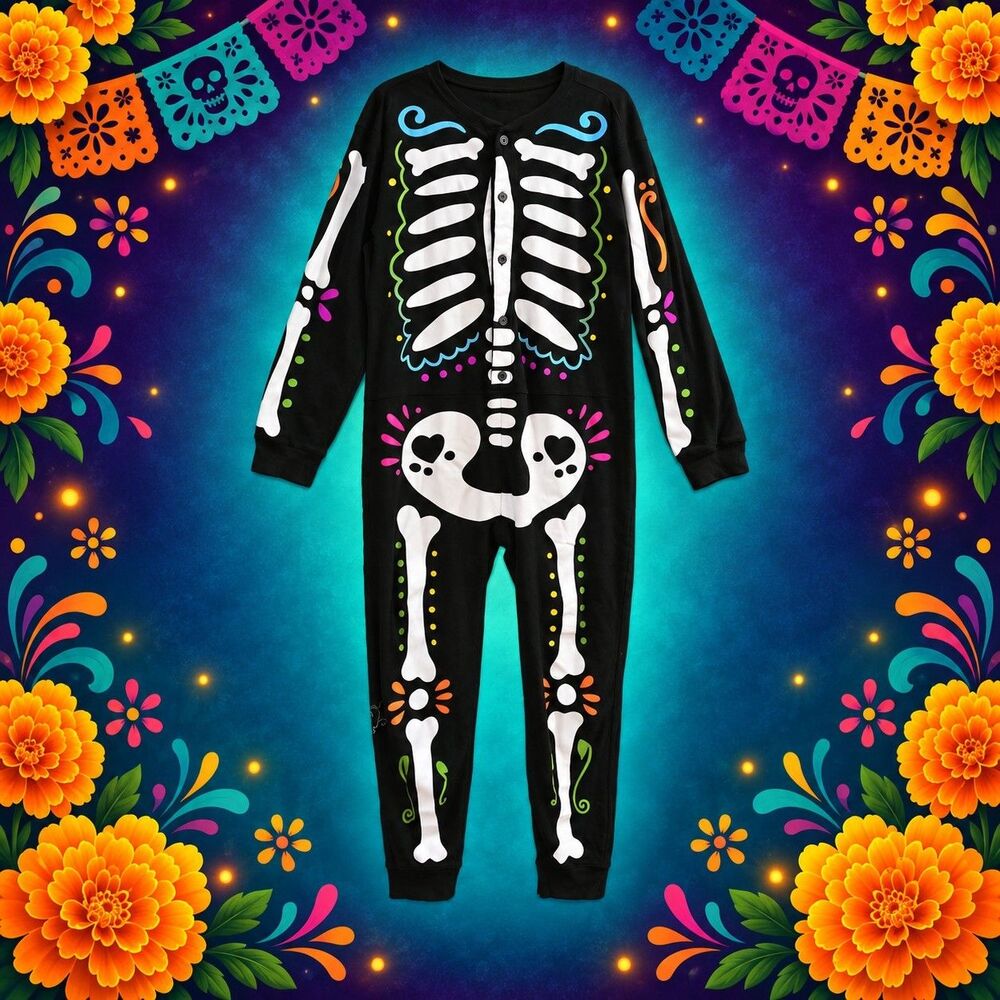 Old Navy Adult Skeleton Pajama Jumpsuit Medium Day of the Dead Halloween C174